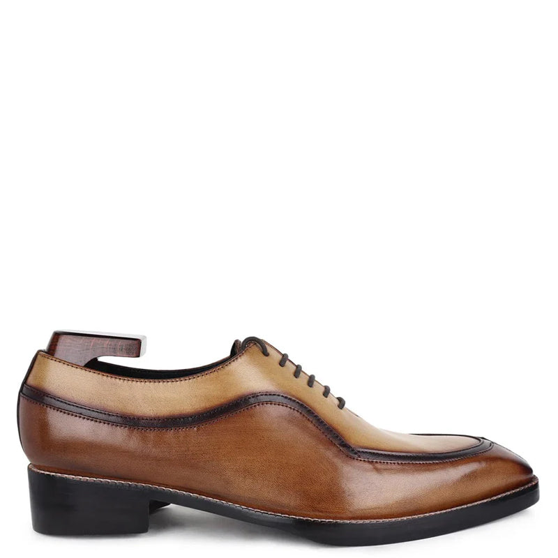 Luxury Patina Split Toe Italian Leather Oxford Shoe Tan and Brown