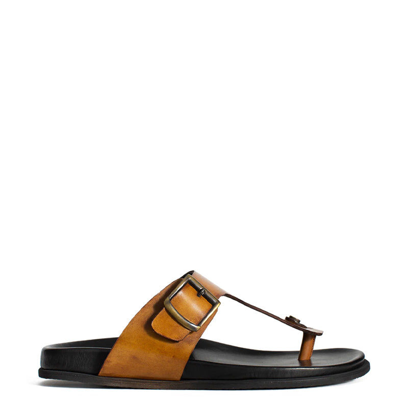 Men Slip-On Leather Tan Buckle Sandal