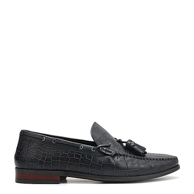 Crocodile Pattern Side Lacing Leather Tassel Loafer