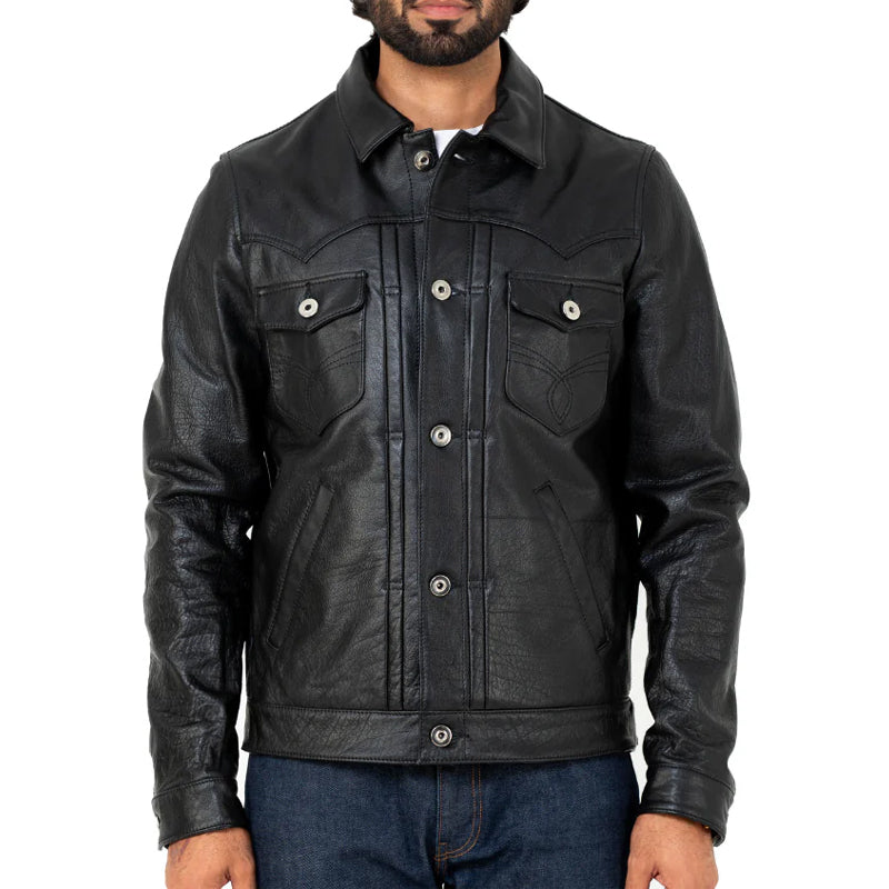 Men Solid Leather Trucker Jacket