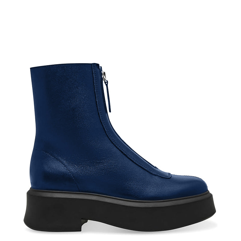 Premium Row Zipped-Front Leather Blue Ankle Boot