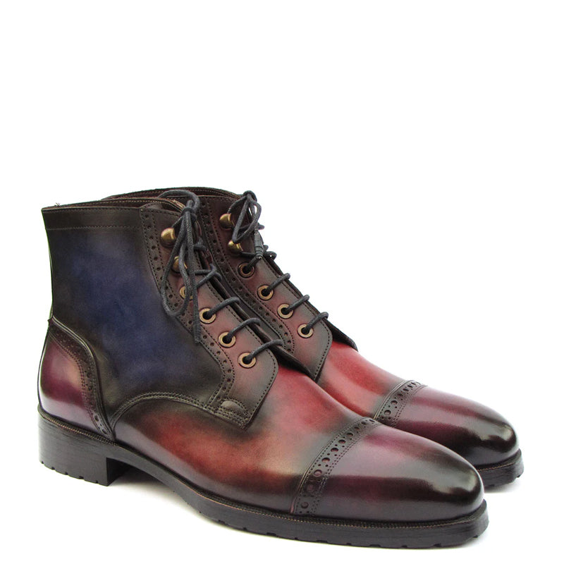 Hand Painted Leather Lace Up Cap Toe Boots