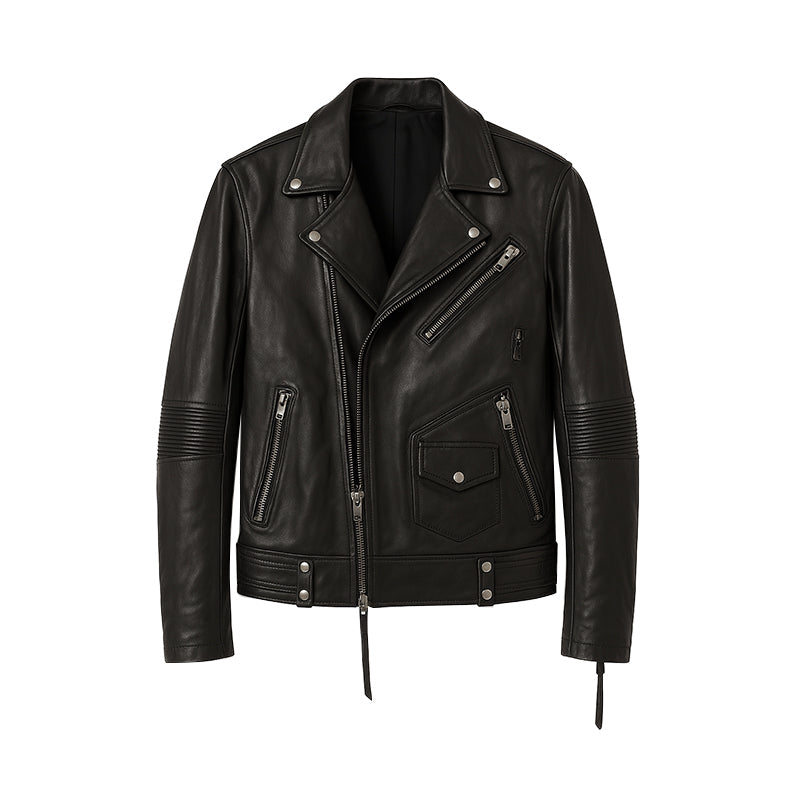 Men s Black Leather Biker Jacket with Zippers