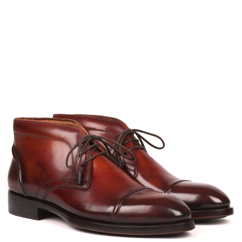 Polished Pure Leather Handpainted Cap Toe Chukkas Brown Boot