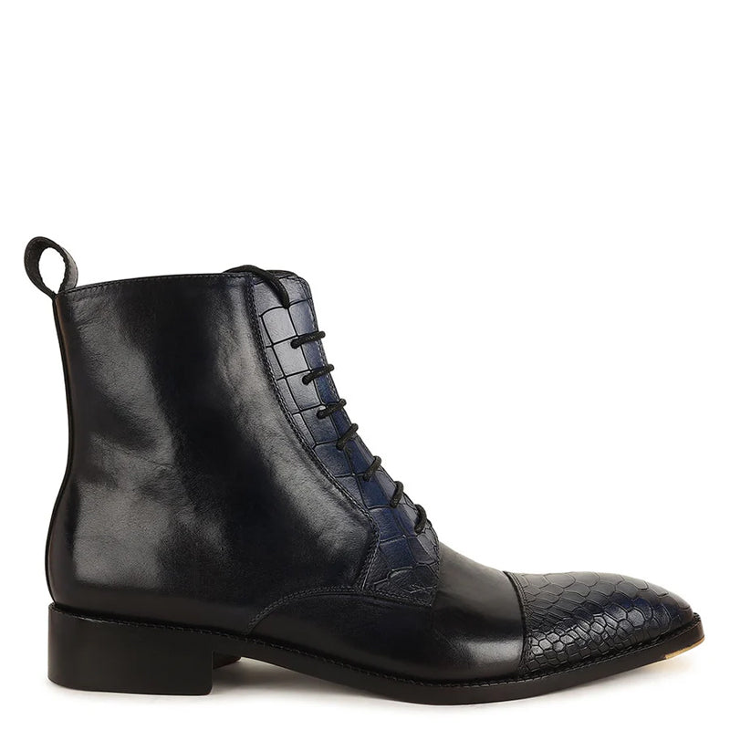 Luxury Croco Leather Cap Toe Side Zipper Boot Black Blue