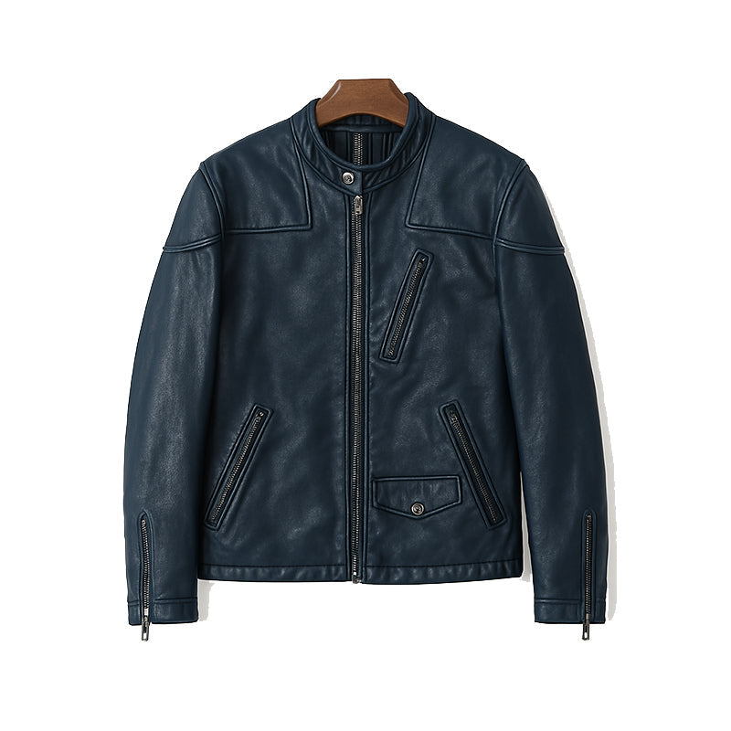 Men’s Zip-Up Vintage Burgundy Biker Jacket with Stand Collar & Pockets