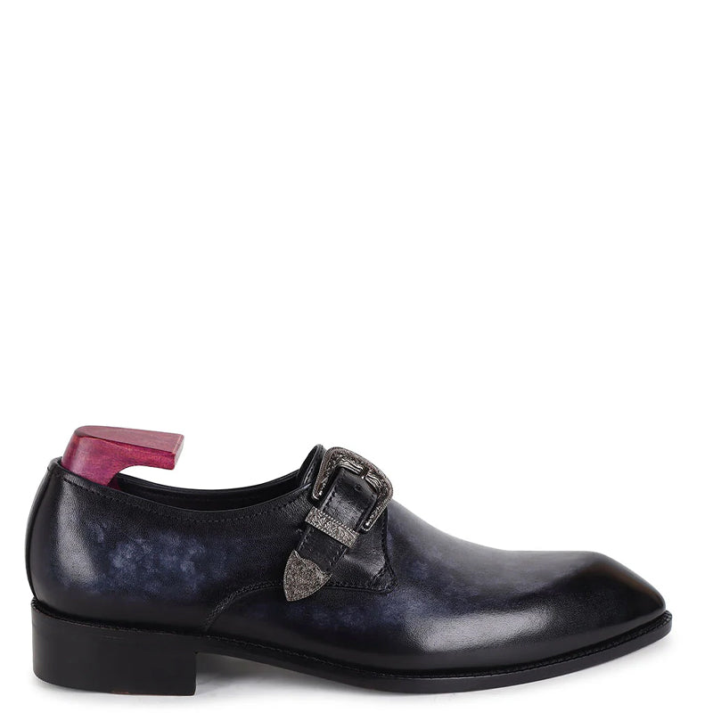 Plain Leather Single Monk Blue Shoe With Side Buckle
