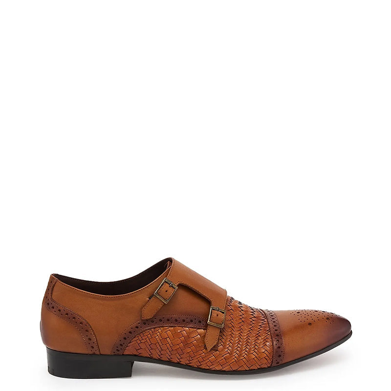 Men Woven Textured Leather Double Monk Shoe