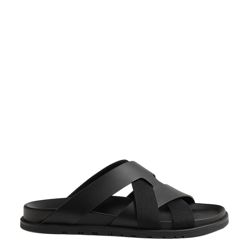 Men Textured Leather Comfort Black Sandal