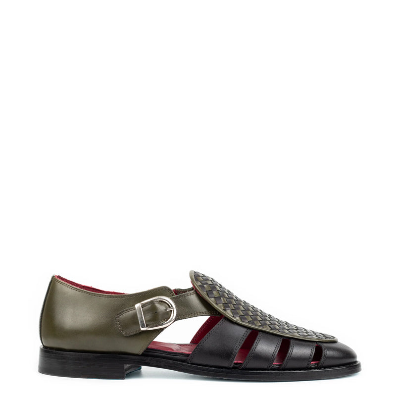Men Green Black Textured Leather Peshawari Comfort Sandals
