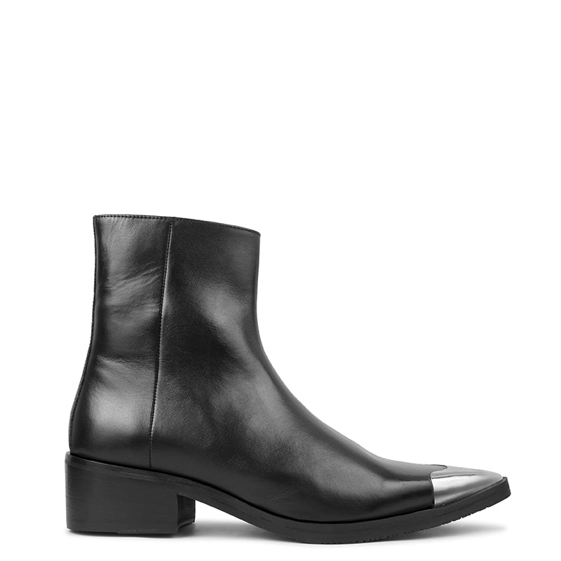 Metallic Toe Premium Leather Side Zipper Black Boot