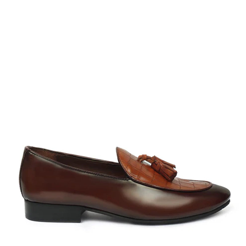Croco Leather Tassel Black Loafer With Deep Cut