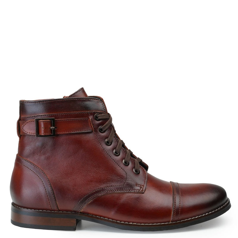 Men Solid High Buckle Leather Ankle Burgundy Boot