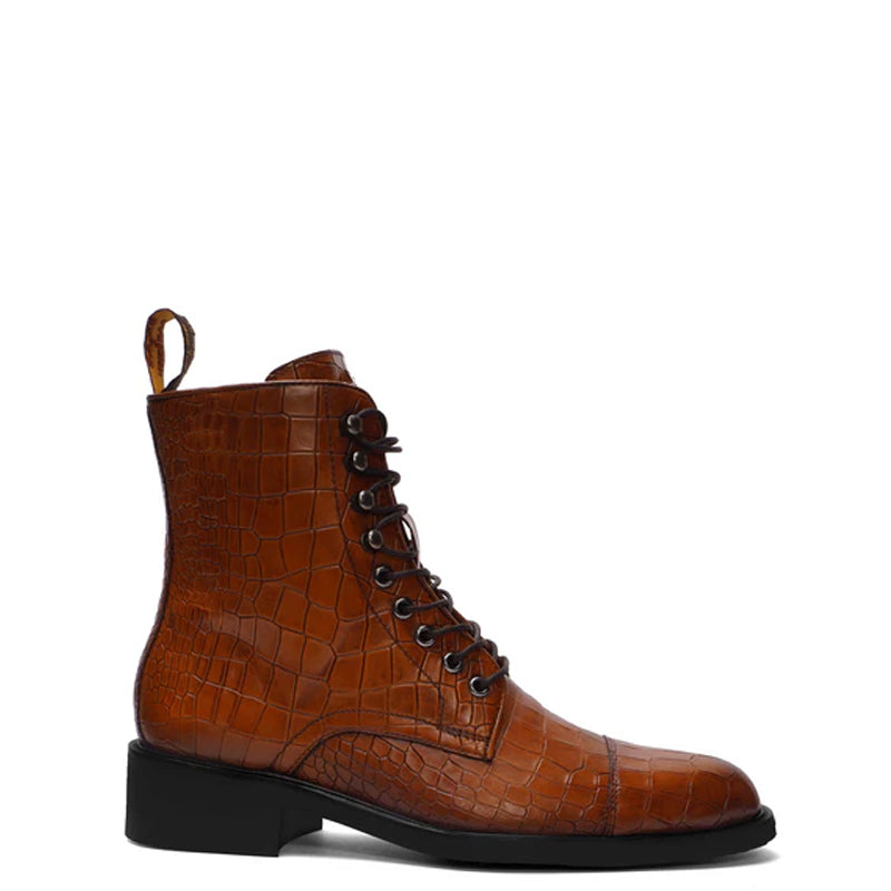 Croco Leather Lace Up High Ankle Boot Tan