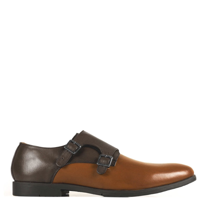 Leather Double Monk Strap Black and Gray Shoe For Men