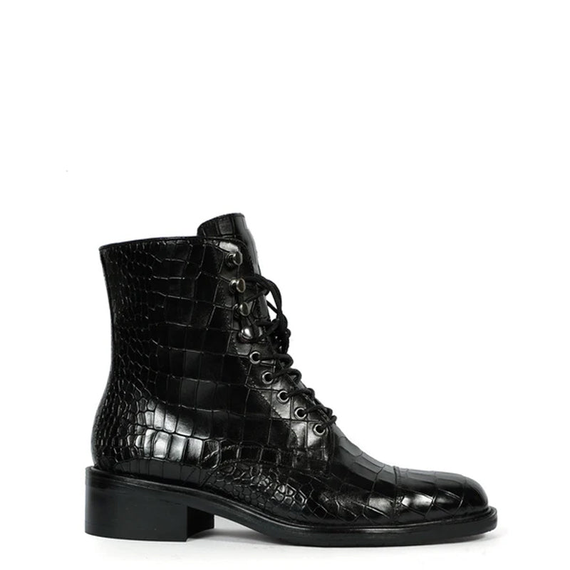 Croco Leather Lace-Up High Ankle Boot