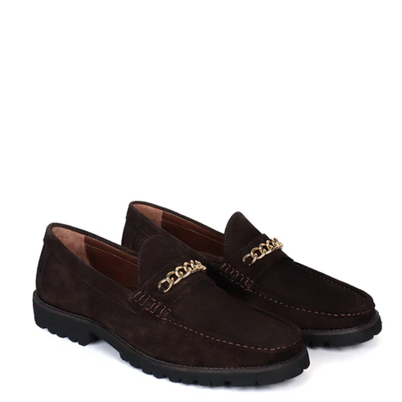 Suede Leather Loafers With Golden Black Chain