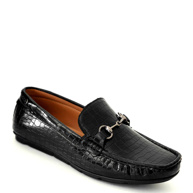 Croco Pattern Leather Horsebit Buckled Brown Loafer