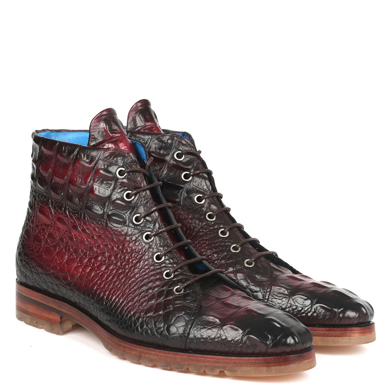 Hand Painted Croco Print Leather Lace Up Boot Burgundy