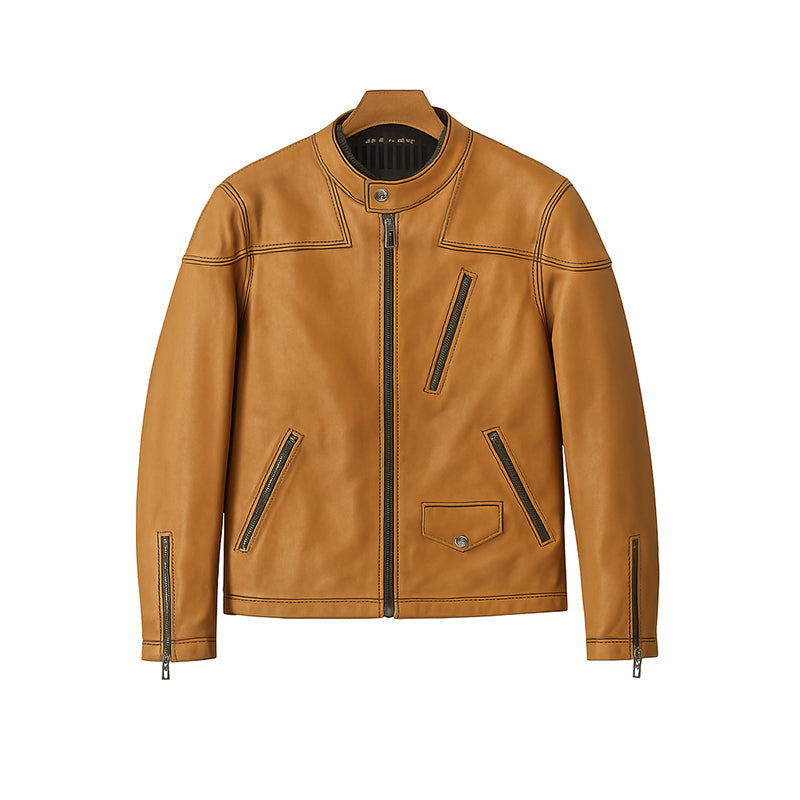 Men’s Zip-Up Vintage Blue Biker Jacket with Stand Collar & Pockets