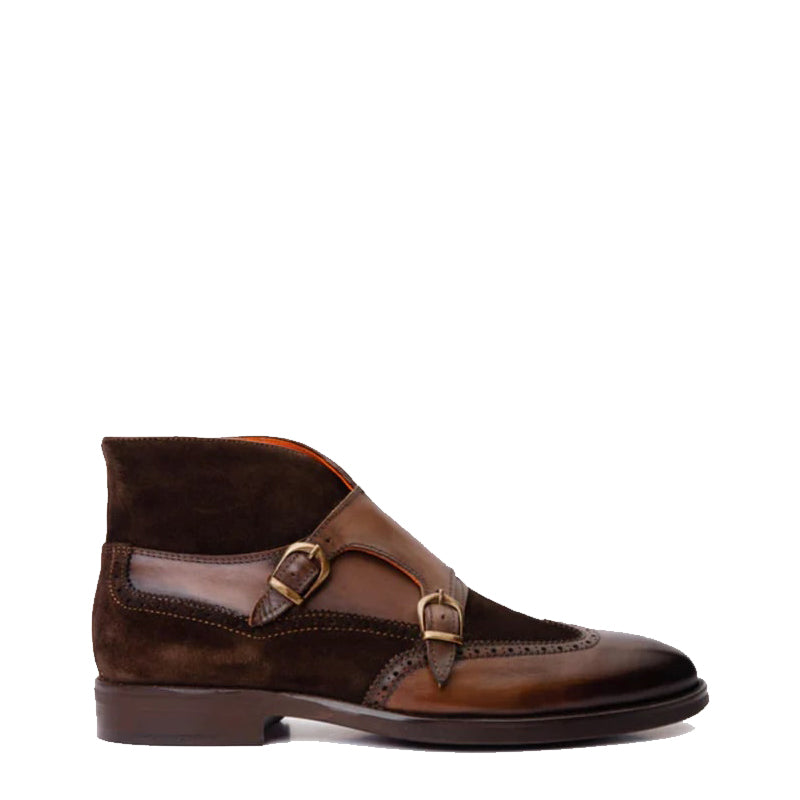 Brown Suede Leather Double Strap Monk Brogue Men Boot