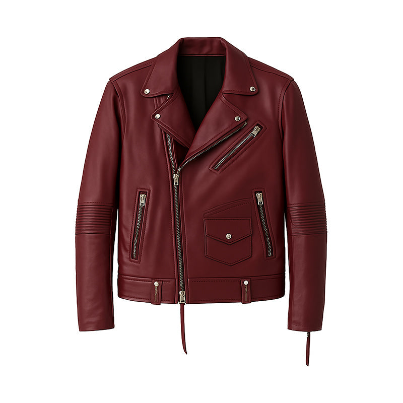 Men s Burgundy Leather Biker Jacket with Zippers