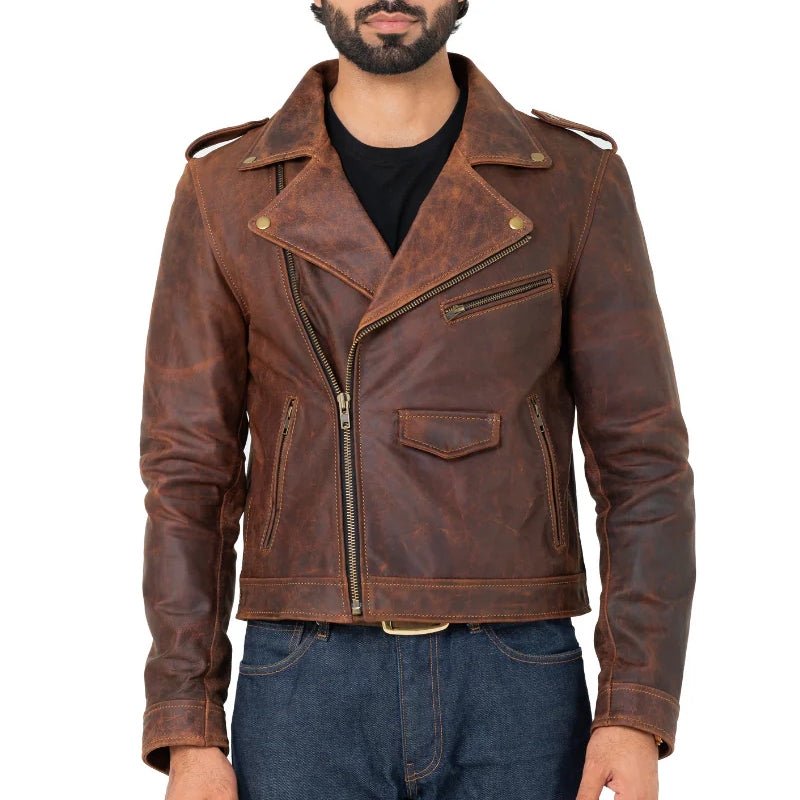 Men Solid Slim Fit Leather Biker Jacket