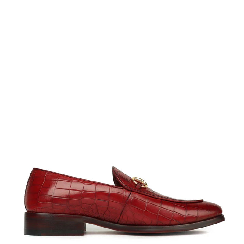 Croco Print Deep Cut Horse-bit Buckled Tan Loafer