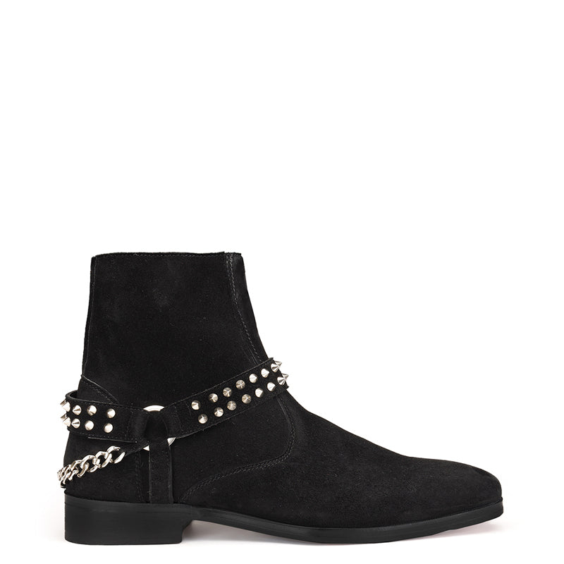 Luxury Spike Stud Velvet Side Zipper Black Boot With Chain