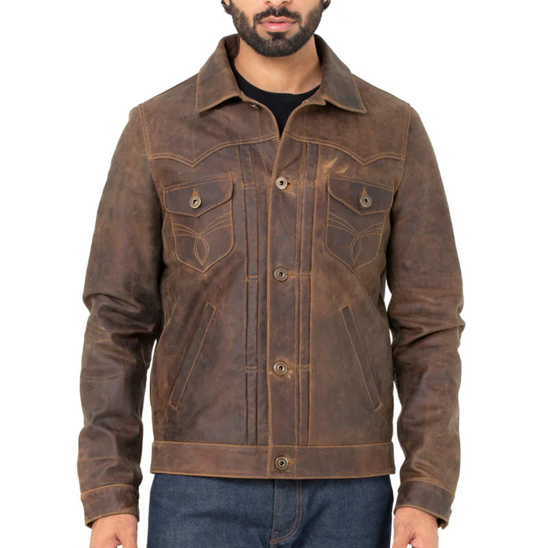 Men Solid Leather Trucker Jacket