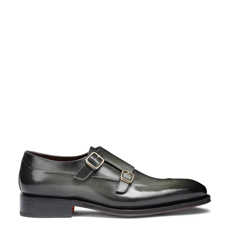 Men Cap Toe Double Strap Green Monk Shoe