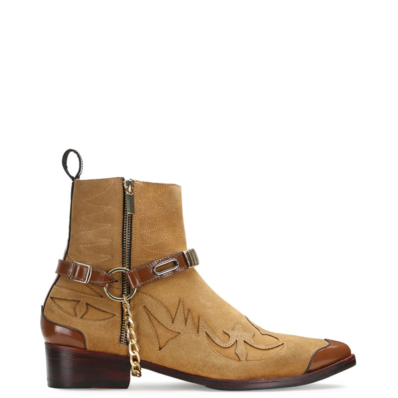 Luxury Stylish Leather Side Zipper Tan Boot With Chain
