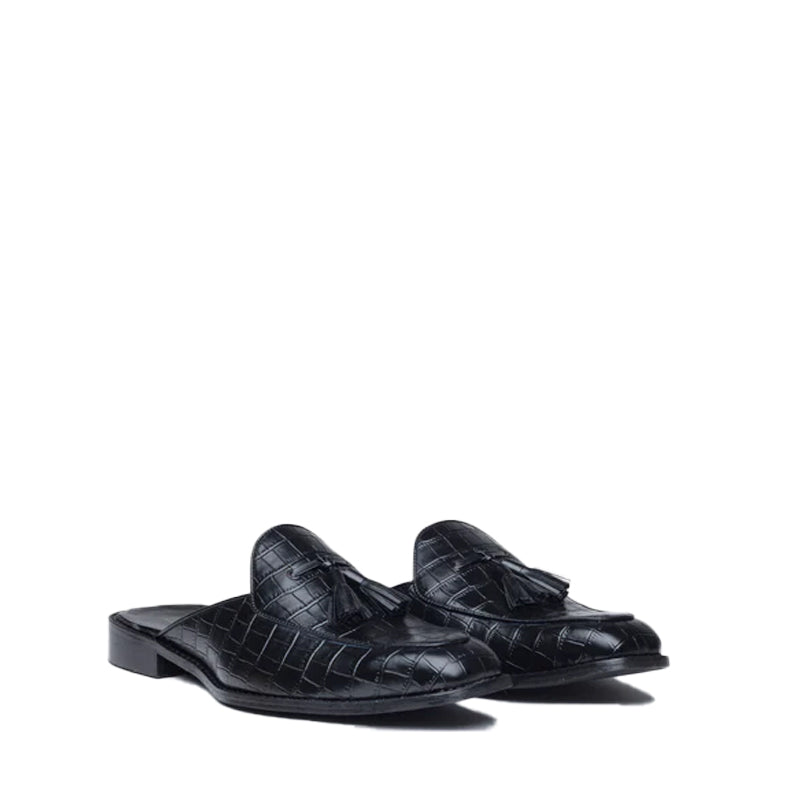 Croco Textured Leather Tassel Mule Shoe