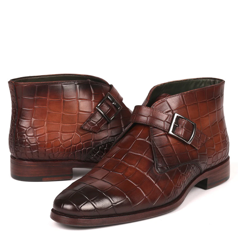 Single Monk Straps Croco Print Leather Ankle Boot