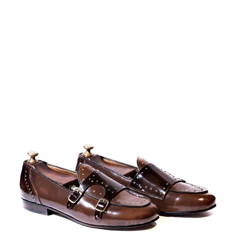 Men Handmade Double Monk Studded Brown Loafer