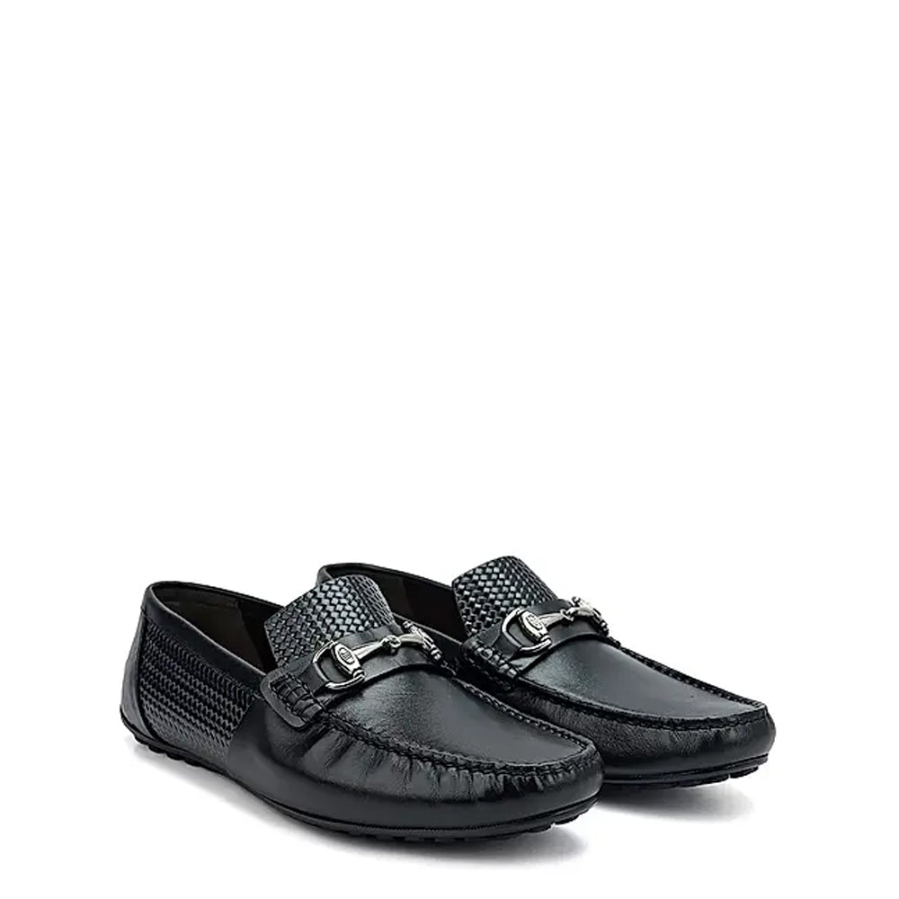 Men Round Toe Leather Moccasins Buckled Black Loafer