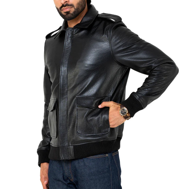 Men Solid Slim Fit Leather Bomber Jacket