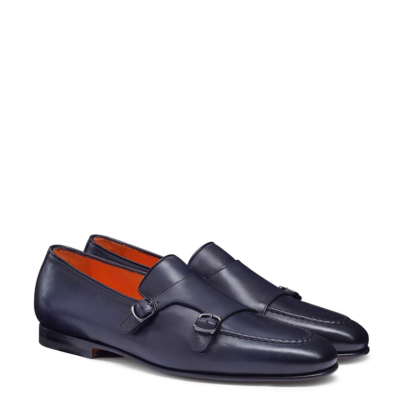 Men Black Polished Double Buckle Leather Loafer