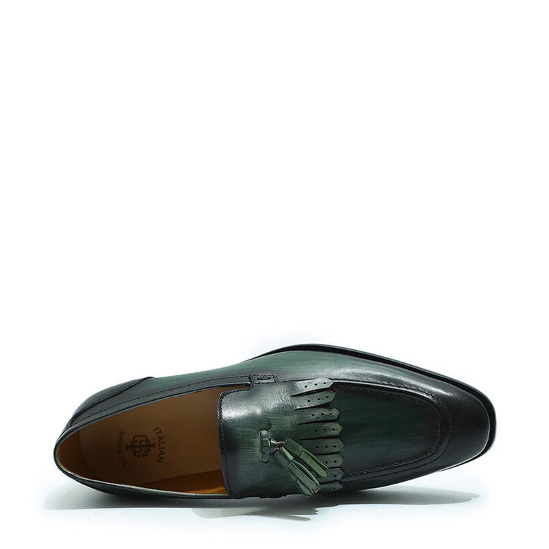 Leather Slip On Tassel Green Loafer For Men