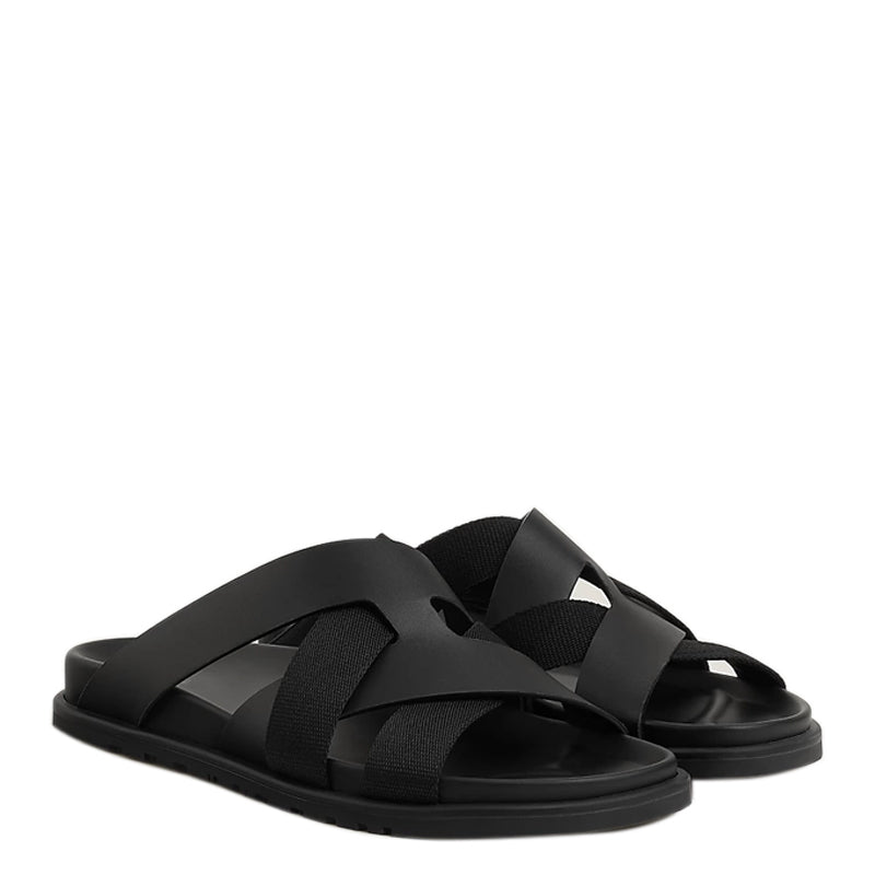 Men Textured Leather Comfort Black Sandal
