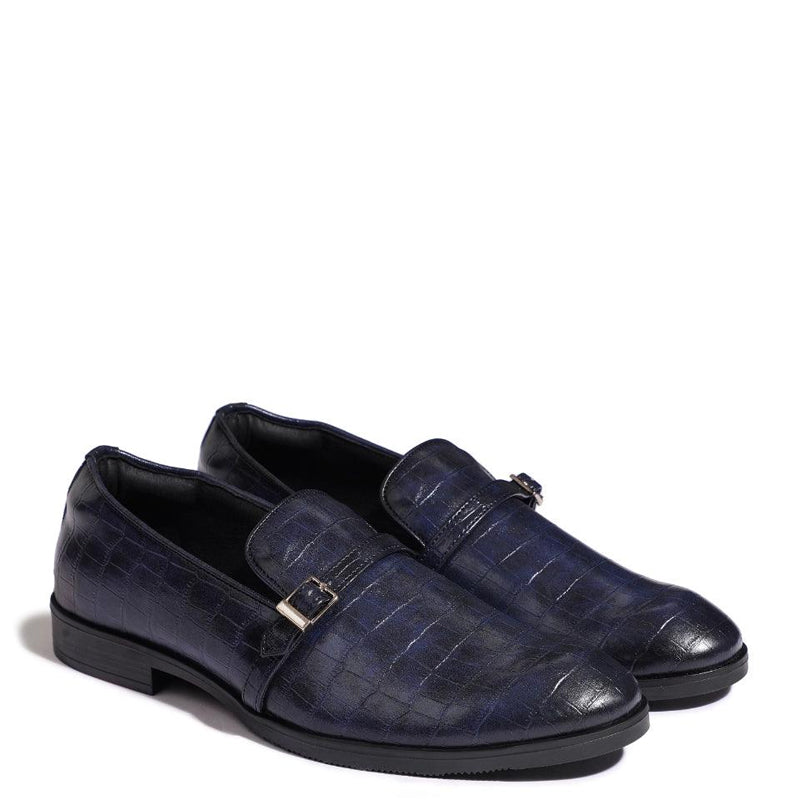 Croco Textured Leather Green Loafer With Side Buckle