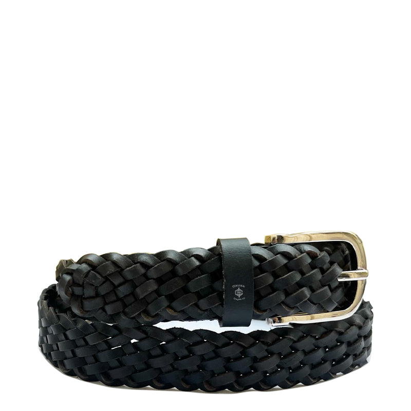 Pliancy Leather Braided Belt Black Rose Gold