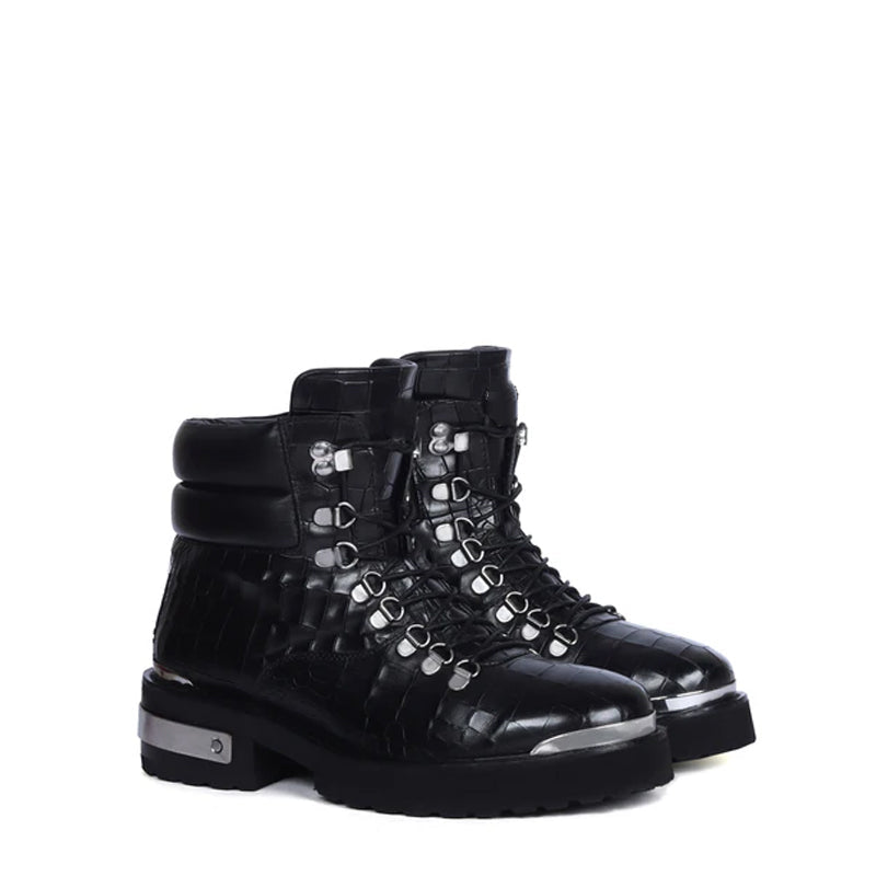 Croco Deep Cut Leather Lace-UP Ankle Boot Burgundy
