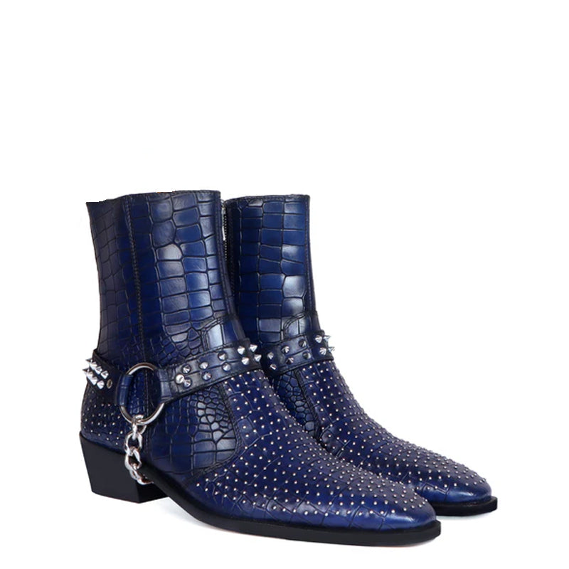 Croco With Silver Studded Buckle Side Zipper Chain Boots