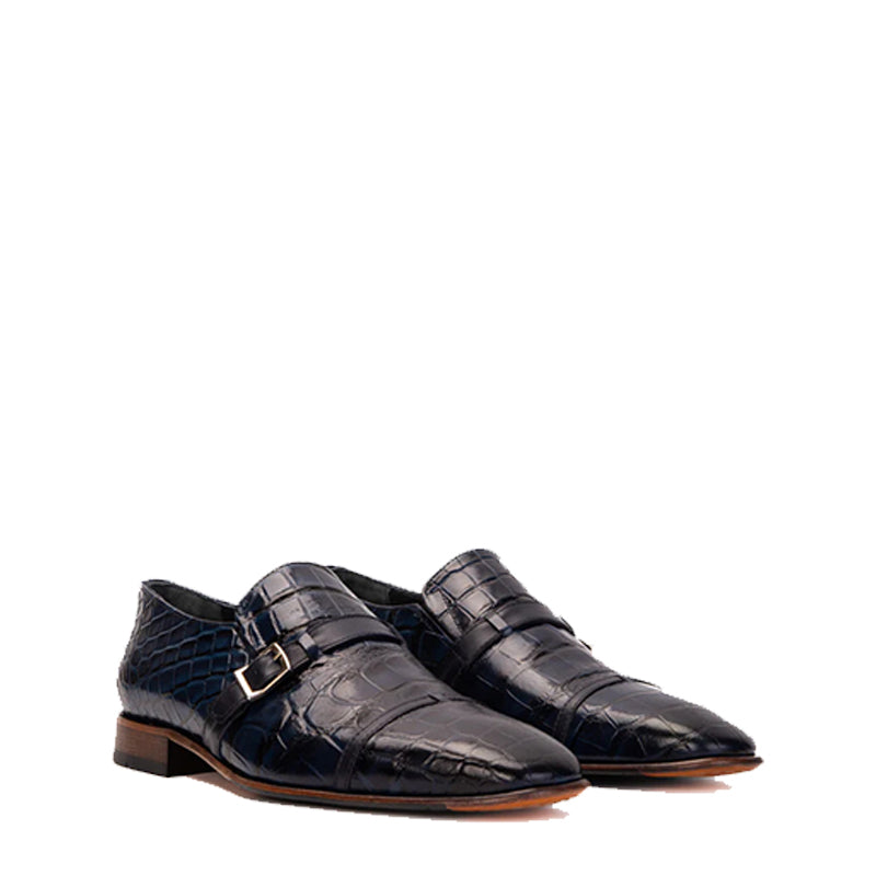 Blue Leather Single Monk Strap Cap Toe Men Shoe