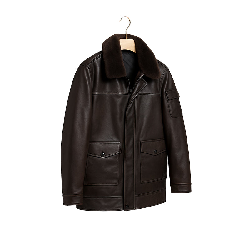 Men's Luxurious Burgundy Front Pocket Jacket with Fur Collar