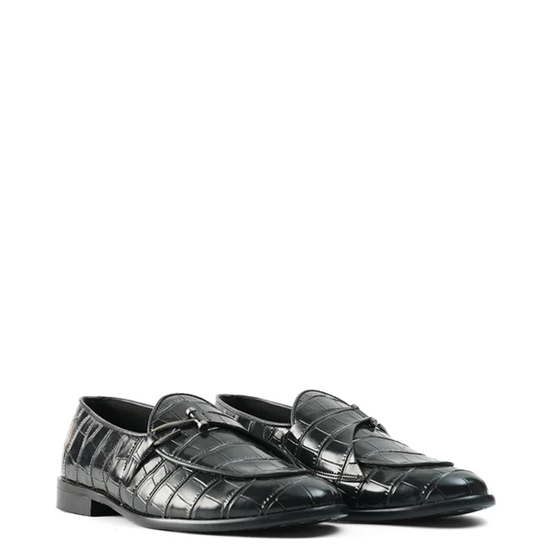 Croco Print Leather Stylish Grey Loafer With Side Hook