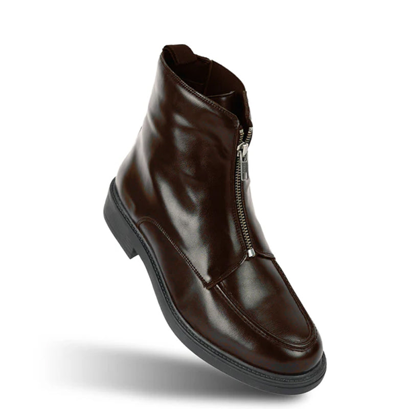 Polished Leather Front Zip-Up Black Boot For Men