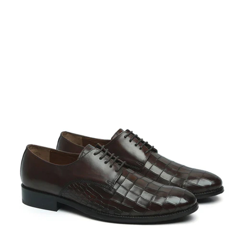 Croco Print Lace Up Leather Derby Shoe Brown
