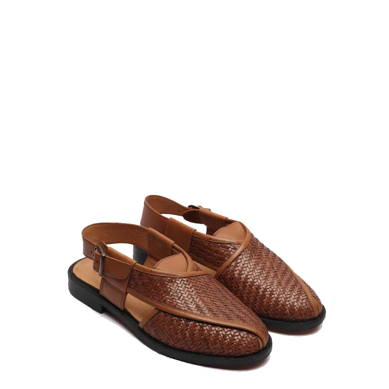 Woven Back Strap Leather Peshawari Black Sandal